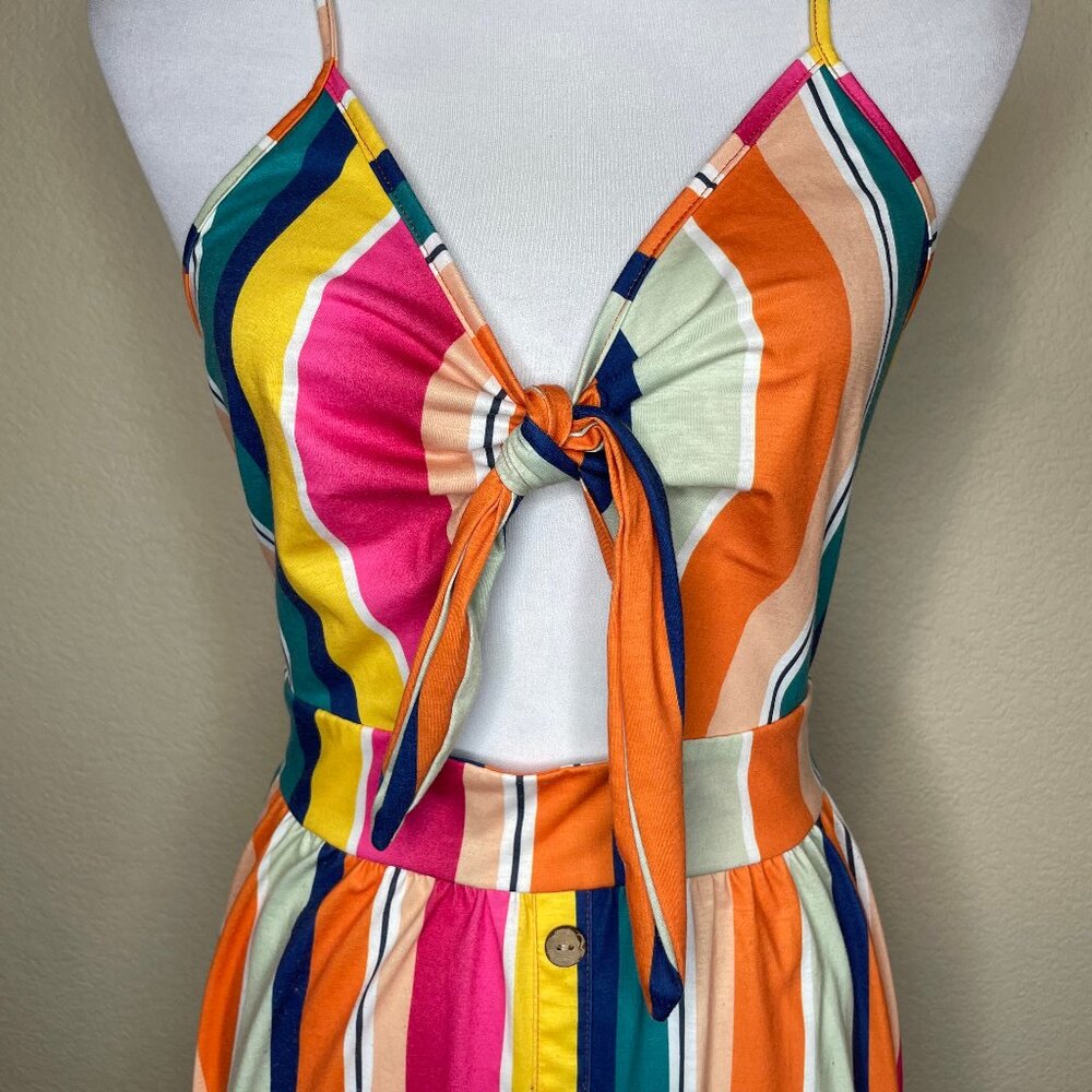 Cotton ModCloth Retro Rainbow Stripe Tie-Front Cutout Midi Dress Sundress L - Picture 3 of 13